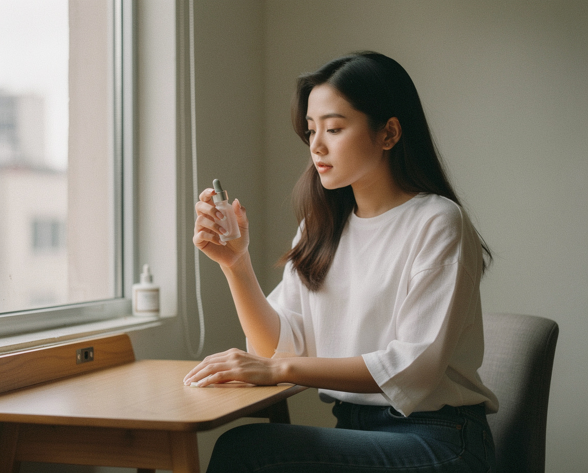 A woman at her desk, early morning, holding a WellEmpire formulation